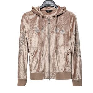 BCBGMAXAZRIA Pink Velvet Logo Studded Bling Zip Hoodie S